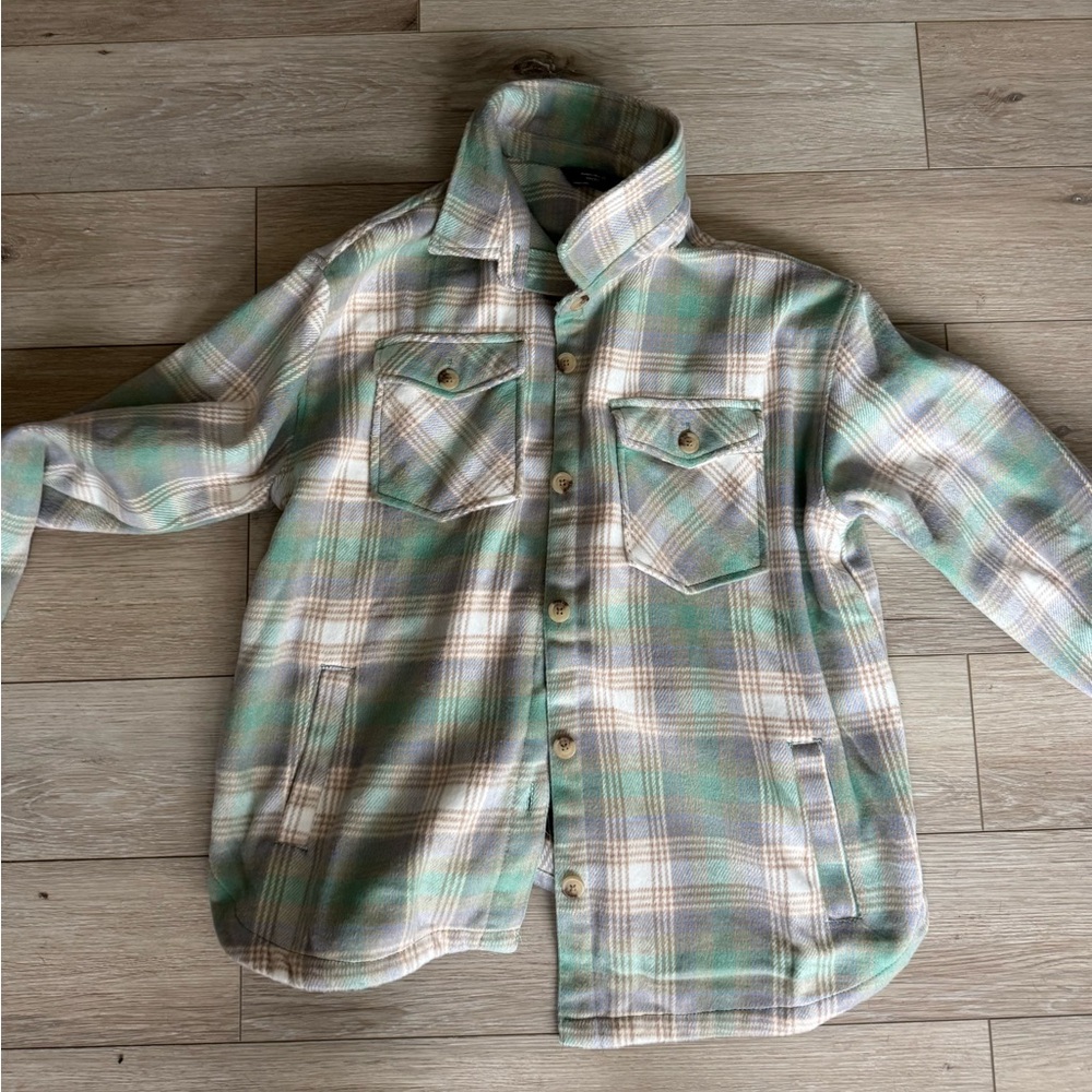 Plaid Button-Up Shacket in Green and Cream
